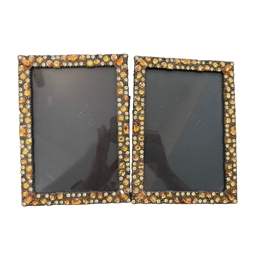 VTG Amber SPARKLY RHINESTONES Yellow 5x7 Photo Picture Frame 5.75"W 8"T Metal